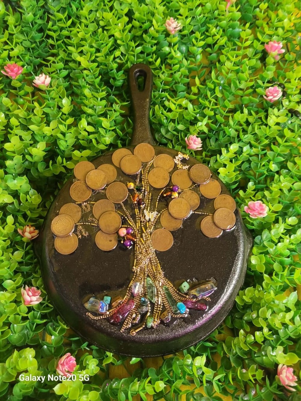 Vintage Penny Tree Cast Iron Skillet Wall Art – Handmade Mixed Media Decor